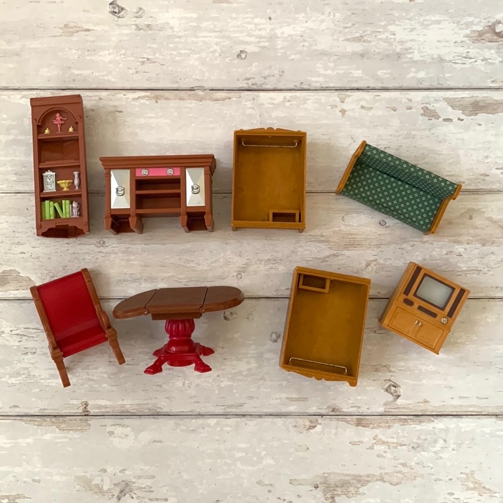 Vintage Dollhouse Furniture Kids Toys 8 Pieces Couch Table Chair Tv Doll Etc